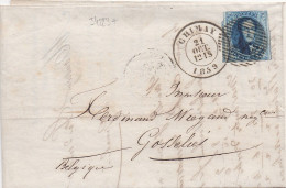 34223# BELGIQUE LEOPOLD MEDAILLON ARRONDI N° 11A BELLES MARGES LETTRE Obl P 27 CHIMAY 1859 Pour GOSSELIES - 1849-1865 Medallions (Other)