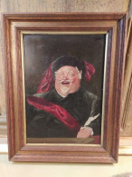 Ancien Tableau Peinture Portrait Homme Riant École Allemande Signée R. Berker - Oleo