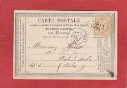 Carte Postale -Type Cérès 15C - Aube - GC 4223 Ville Sur Terre Vers Bar Sur Aube  1874 - Cartes Précurseurs