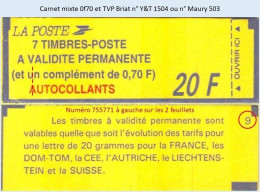 FRANCE - Carnet Mixte Conf. 9, Numéro 775771 à Gauche - 0f70 Et TVP Briat - YT 1504 / Maury 503 - Modern : 1959-…