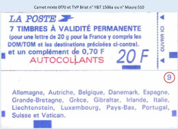 FRANCE - Carnet Mixte Conf. 9 - Petits Caractères - 0f70 Et TVP Briat - YT 1506A / Maury 510 - Modern : 1959-…