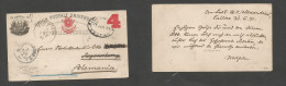 PERU. 1891 (1 June) Callao - Germany, Regensburg. Fwded Kuestew (5 Aug) 4c Tied Black Stat Card. - Peru