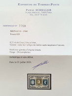 Monaco 1960 YT525 VARIÉTÉ RRR ! INCONNU: CENTRE RENVERSÉ ** Cert. Scheller, 25c 1860-1960 (inverted Center MNH Variety - Nuevos