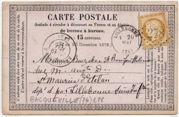 !!! CARTE PRECURSEUR CERES GC 278 CACHET DE BACQUEVILLE (SEINE MARITIME) 1873 - Cartes Précurseurs