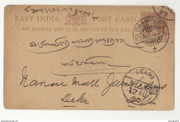 East India Queen Victoria Postal Stationery Postcard Posted 1887 Dhampur To Delhi B210526 - 1854 Britische Indien-Kompanie