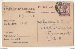 India, Favre-Leuba Company Pre-printed Postal Stationery Post Card Travelled 1948 Bombay To Delhi B180720 - 1936-47 Roi Georges VI