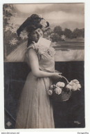 Woman With Basket Of Roses Old Photopostcard Posted 1909 B200110 - Pin-Ups