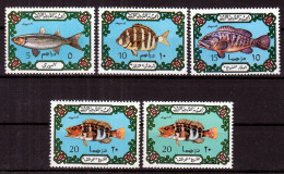 SALE !! 50 % OFF !! ⁕ LIBYA 1973 ⁕ Fish ⁕ 5v (4v MNH Blue Sea , 1v MH Green Sea) - Libye