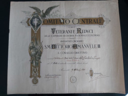 ROMA 1923 DIPLOMA DEL COMITATO CENTRALE VETERANI E REDUCI GUERRE COLONIALI A.O.I POI GUARDIE TOMBE AL PHANTEON - Diplômes & Bulletins Scolaires