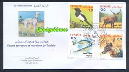 2018- Tunisia- Terrestrial And Maritime Fauna From Tunisia: The Garfish- The Golden Jackal- Magpie- Berber Deer-FDC - Tunisia
