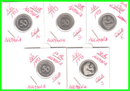 ALEMANIA - DEUTSCHLAND - GERMANY –  5 MONEDAS DE 50 Pfn. DEL AÑO 1993 -  CECAS -A: BERLIN- D – F – G – J.- PROOF (ESPEJO - 50 Pfennig