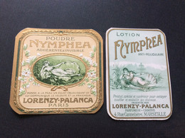 2 ETIQUETTES DE PARFUM  *Poudre Nymphea   *Lotion Nympha  LORENZY-PALANCA  Marseille - Etiquetas