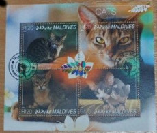 MALDIVES 2014, Cats, Animals, Mi #5405-8, Souvenir Sheet, Used - Chats Domestiques