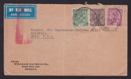 India: Airmail Cover To USA, 1937, 3 Stamps, King, Air Label, Red Jusqu'a Air Rate Bar Cancel (damaged, Fold) - 1936-47 King George VI