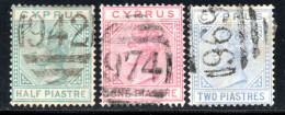 1920 CYPRUS 1881 1/2,1,2 D VICTORIA WMK CROWN CC SG 11-13 NUMERAL POSTMARKS. - Chypre (...-1960)