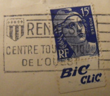 Lettre + Timbre Pub Publicitaire Gandon 886. Bic Clic. Publicité Carnet Réclame. Bande. Rennes - Storia Postale