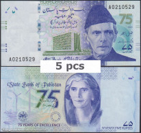 DWN - PAKISTAN 57 - 75 Rupees 2023 UNC Prefix A - DEALERS LOT X 5 - Pakistan