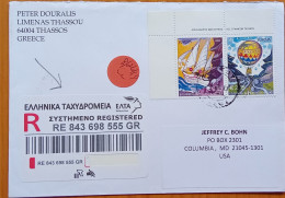 GREECE 2004, COVER USED TO USA, EUROPA SET 2 STAMP, SHIP & BALLON, VIGNETTE REGISTER LABEL, THASSOS CITY. - Cartas & Documentos