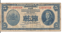 INDES NEERLANDAISES 5 GULDEN 1943 VF P 113 - Dutch East Indies