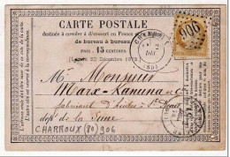 !!! CARTE PRECURSEUR CERES CACHET ET GC 906 DE CHARROUX (VIENNE) 1874 - Precursor Cards