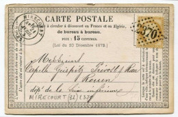 !!! CARTE PRECURSEUR CERES CACHET ET GC 2370 DE MIRECOURT ( VOSGES ) 1875 - Precursor Cards
