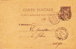 ENTIER POSTAL SAGE CARTE POSTALE De 1892 Cachet Fresnes Sur Apance à Isches Vosges - Defrain à Goichon Percepteur Impôts - Cartes Précurseurs