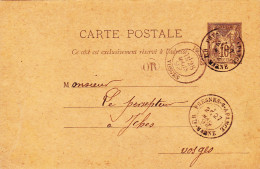 ENTIER POSTAL SAGE CARTE POSTALE De 1892 Cachet Fresnes Sur Apance à Isches Vosges - Defrain à Goichon Percepteur Impôts - Voorloper Kaarten