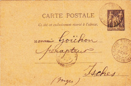 ENTIER POSTAL SAGE CARTE POSTALE De 1893 Cachet Monthureux Sur Saone 88 à Isches 88 Vosges - à Goichon Percepteur Impôts - Voorloper Kaarten