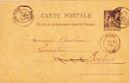 ENTIER POSTAL SAGE CARTE POSTALE De 1892 Cachet Lamarche 88 à Isches 88 Vosges - Roederer à Goichon Percepteur Impôts - Precursor Cards