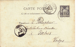 ENTIER POSTAL SAGE CARTE POSTALE De 1893 Cachet Jussey 70 à Isches 88 Vosges - Porte Picoer à Goichon Percepteur Impôts - Voorloper Kaarten