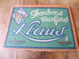 Plaque Publicitaire Recto-verso : BONBONS Surfins  KLAUS  à Le Locle (Suisse) Et Morteau (France)  Dimension 32x 24cm - Targhe Di Cartone