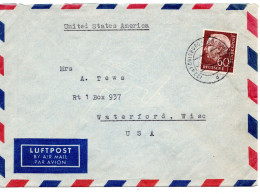 70237 - Bund - 1957 - 60Pfg Heuss I EF A LpBf DUISBURG -> Waterford, WI (USA) - Briefe U. Dokumente