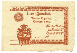 15 LIRE PROVA REGIE FINANZE TORINO REGNO DI SARDEGNA 01/10/1794 SUP+ - Sonstige & Ohne Zuordnung