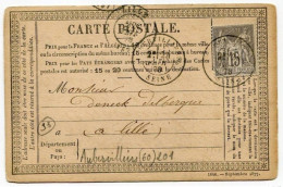 !!! CARTE PRECURSEUR TYPE SAGE T1 CACHET D'AUBERVILLIERS (SEINE ST DENIS) 1878 - Cartes Précurseurs