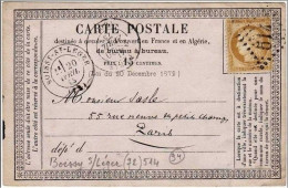 !!! CARTE PRECURSEUR CERES GC 514 ET CACHET DE BOISSY SAINT LEGER ( VAL DE MARNE ) 1875 - Voorloper Kaarten