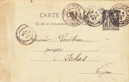 ENTIER POSTAL CARTE POSTALE De 1893 Cachet Cahen Adolphe Nancy à Isches 88 Via Epinal - à Goichon Percepteur Impôts - Cartes Précurseurs