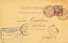 ENTIER POSTAL CARTE POSTALE De 1890 Cachet Journal  L'Est Républicain Nancy 54 à Isches 88 - à Goichon Percepteur Impôts - Cartes Précurseurs