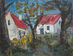 Roland DUBUC : Deux Maisons Normandes, Huile Sur Panneau Signée - Olieverf