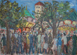 Roland DUBUC : La Grande Fête Du Village, Huile Sur Panneau Signée - Oils