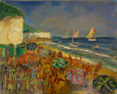 Roland DUBUC : Dieppe, Plage Animée, Huile Sur Toile Signée - Olieverf