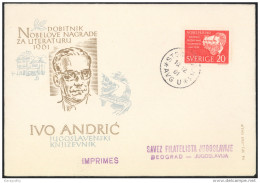 Swedish Stamp On Yugoslav FDC Nobel Prize For Literature Laureate Ivo Andric 1961 Bb161026 - Prix Nobel