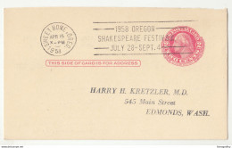 US, 1958 Oregon Shakespeare Festival Slogan Pmk On Postal Stationery Postal Card Posted 1958 Sweet Home Pmk B210710 - 1941-60