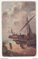 Ship At The Harbour Painting Old Postcard Posted 1907 Athens Pmk B210725 - Voiliers