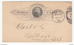 Joseph Rahborne & Co., Chicago Preprinted Postal Stationery Postcard Travelled 1892 To Carthaga B190610 - ...-1900