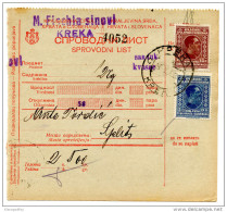 Yugoslavia Kingdom SHS 1928 Sprovodni List - Parcel Card Kreka - Split Bb151204 - Autres & Non Classés