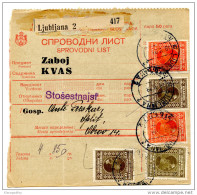 Yugoslavia Kingdom SHS 1928 Sprovodni List - Parcel Card Ljubljana - Split Bb151204 - Altri & Non Classificati