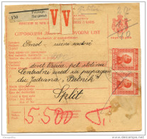 Yugoslavia Kingdom SHS 1928 Sprovodni List - Parcel Card Petrinja - Split Bb151204 - Andere & Zonder Classificatie