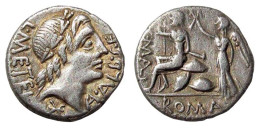 AR Denarius Of C. Malleolus, A. Albinus Sp.f. And L. Caecilius Metellus 96 BC., Roman Republic, Roma Seated On Pile Of S - República (-280 / -27)