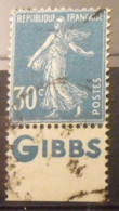 Timbre à Bande Publicitaire. Semeuse 30 C N° 192. Pub Publicité Publicitaires Carnet Pubs. Savon Gibbs. - Autres & Non Classés