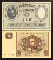 Svezia Sverige 2 Banconote 2 Notes 5 Kronor 1955 + 10 1954 Lotto.3522 - Sweden